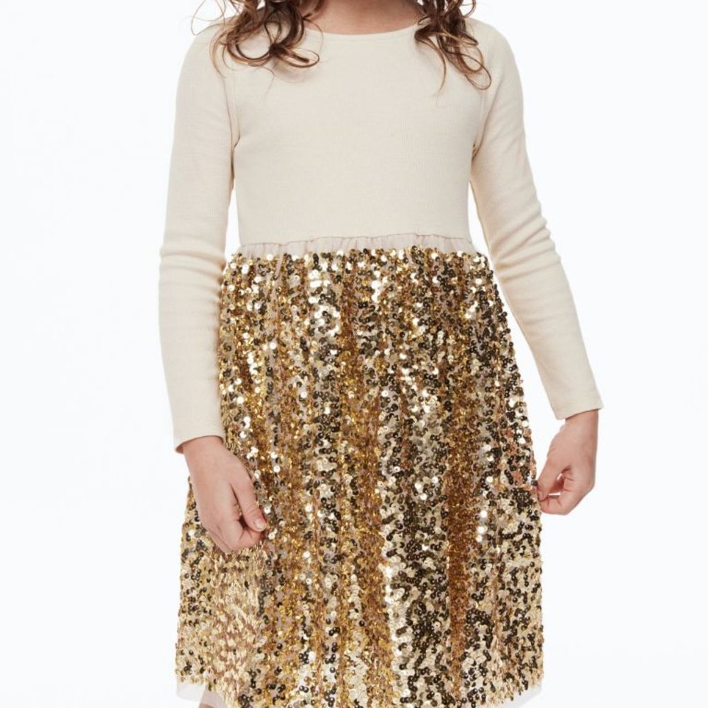NWOT Sequined Jersey Dress Light beige/gold-colored Size 8-10